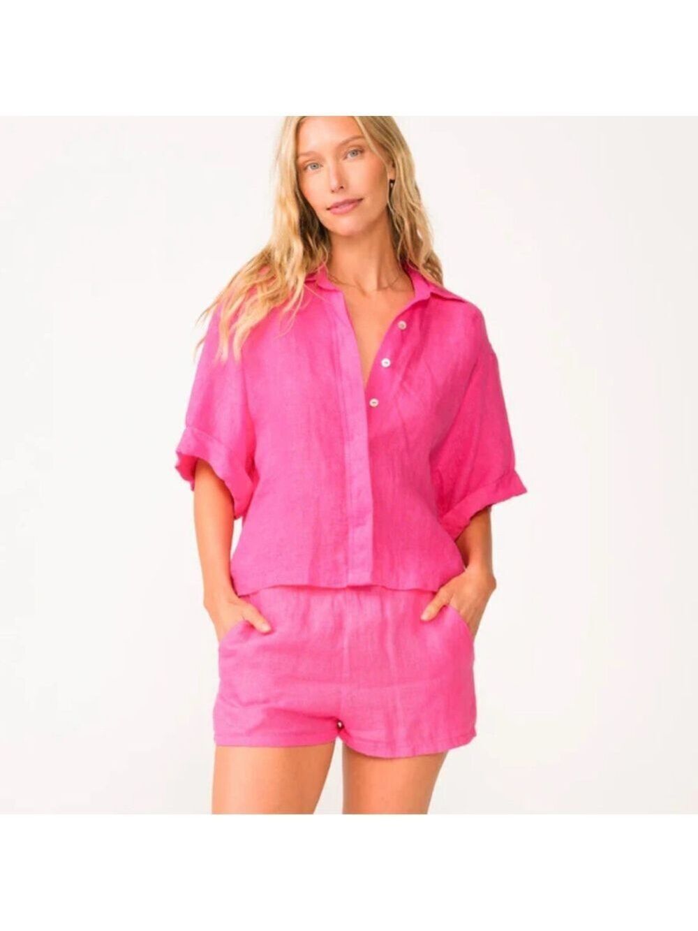 LOFT linen two piece set Bright Pink beach shorts and button up top xxs